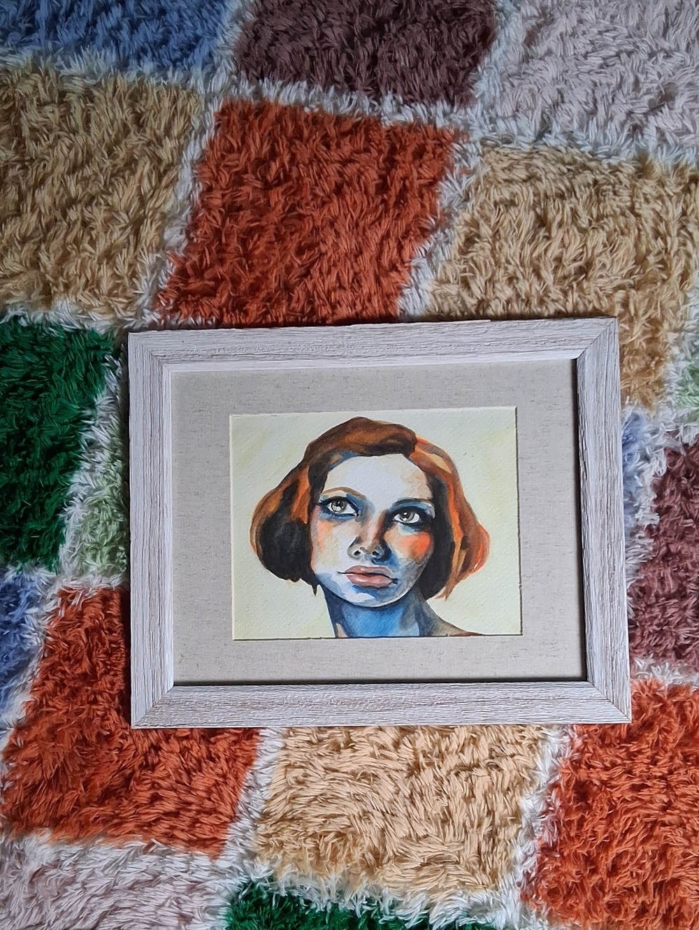 Framed Contemporary Portrait Art in Orange and Blue - Watercolor